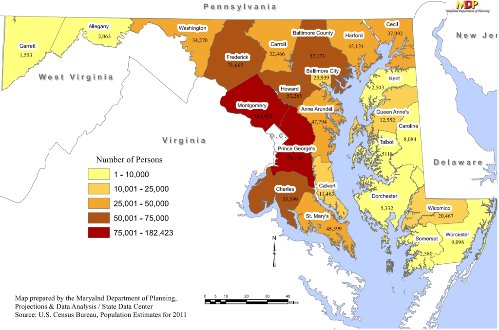 Projected average annual growth percent by county (2005-2030): Cecil over 2%. Allegany less than 0%. Garrett, Montgomery, Howard, Baltimore, Harford, Kent, Prince George's, Anne Arundel, Calvert, Talbot, Dorchester, Somerset, Worcester, and Baltimore City 0% to 0.99%. Washington, Frederick, Carroll, Charles, St. Mary's, Queen Anne's, Caroline, Wicomico 1.0% to 1.99%.