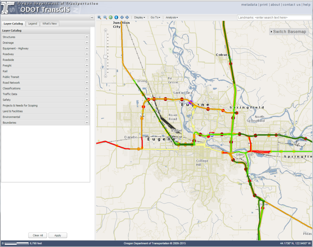 Screenshot of ODOT TransGIS program, showing map layers on the right and the displayed layers on a map to the left. Roadways around Eugene, OR are shown.