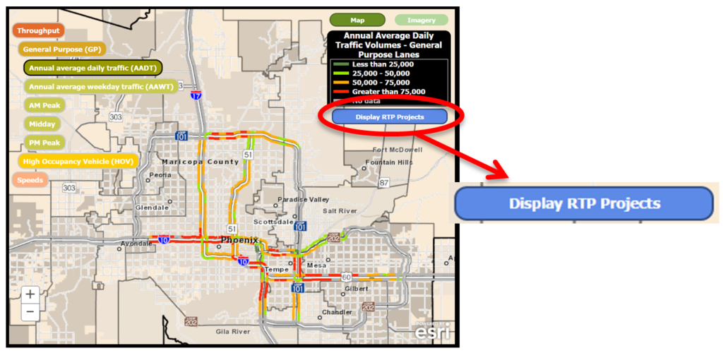 Screenshot of Magnitude performance reporting website map, with callout showing button to Display RTP Projects.