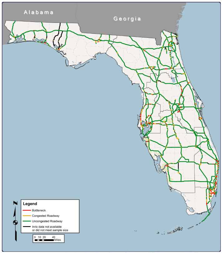 Map of Florida showing bottlenecks, congested roadways, uncongested roadways, and roadways where Inrix data is not available. Majority of roads are uncongested, but majority of roads near urbanized areas are congested. Bottlenecks located near urbanized areas.