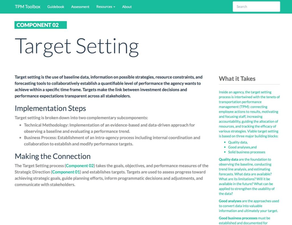 Thumbnail image of Component 02 Summary webpage. Target setting is the use of baseline data, information on possible strategies, resource constraints, and forecasting tools to collaboratively establish a quantifiable level of performance the agency wants to achieve within a specific time frame.