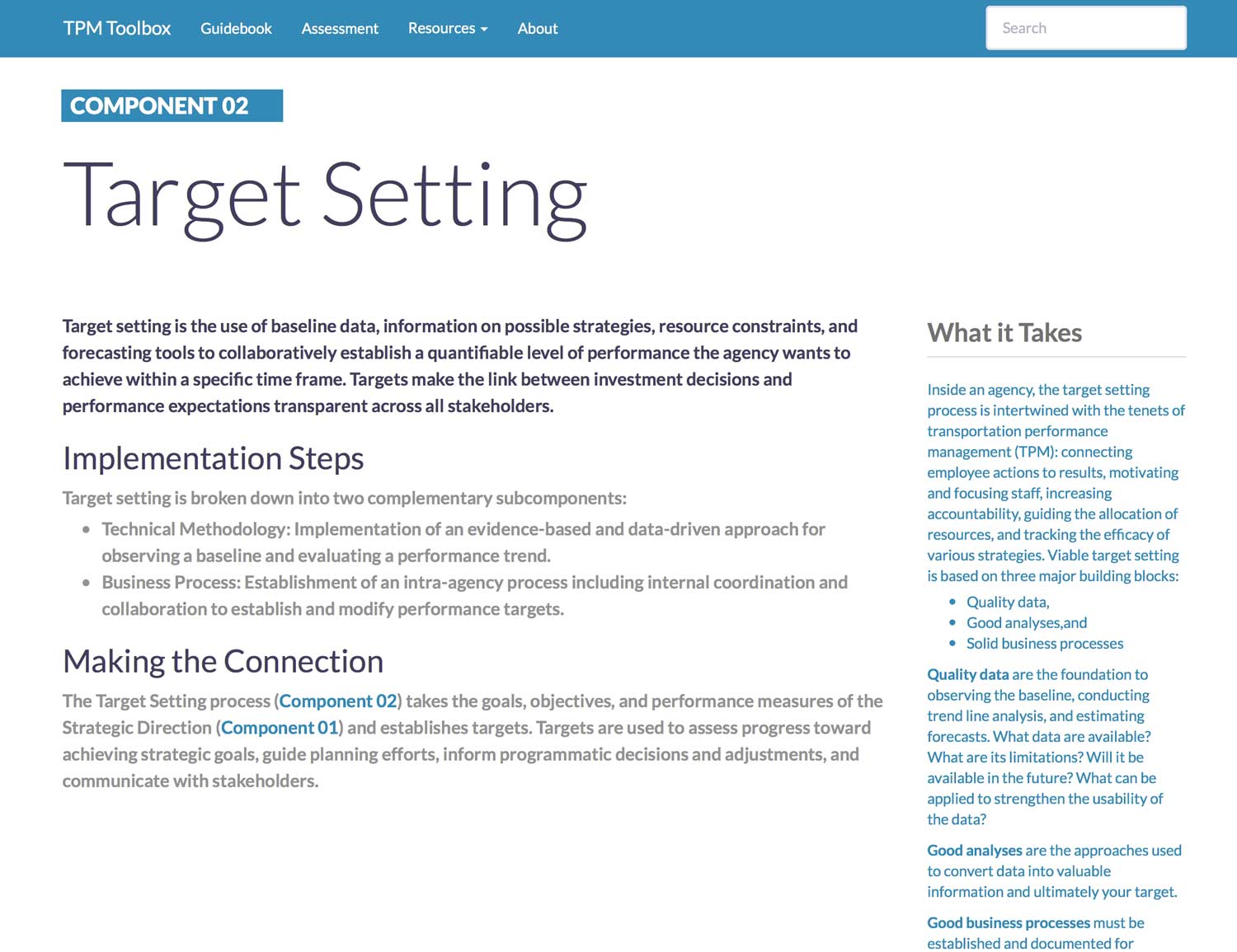 Thumbnail image of Component 02 Summary webpage. Target setting is the use of baseline data, information on possible strategies, resource constraints, and forecasting tools to collaboratively establish a quantifiable level of performance the agency wants to achieve within a specific time frame.