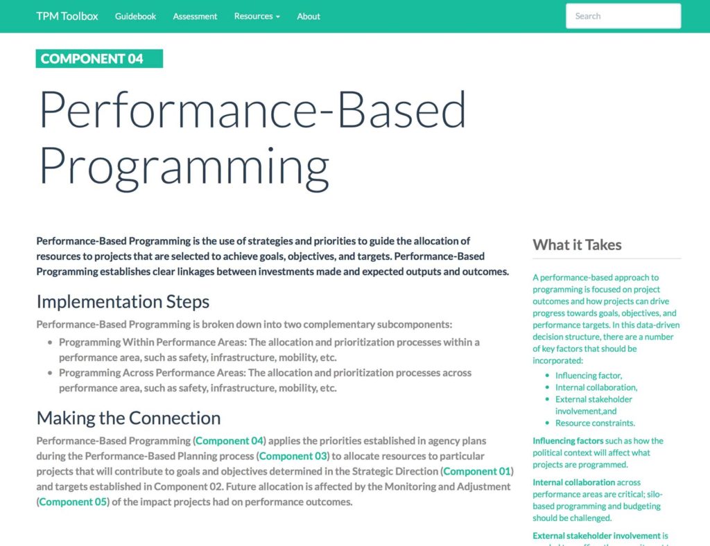 Thumbnail image of Component 04 Summary webpage. Performance-Based Programming is the use of strategies and priorities to guide the allocation of resources to projects that are selected to achieve goals, objectives, and targets.