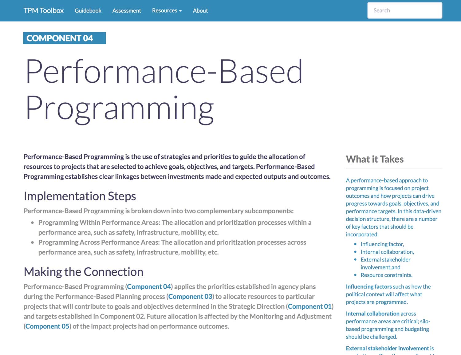 Thumbnail image of Component 04 Summary webpage. Performance-Based Programming is the use of strategies and priorities to guide the allocation of resources to projects that are selected to achieve goals, objectives, and targets.