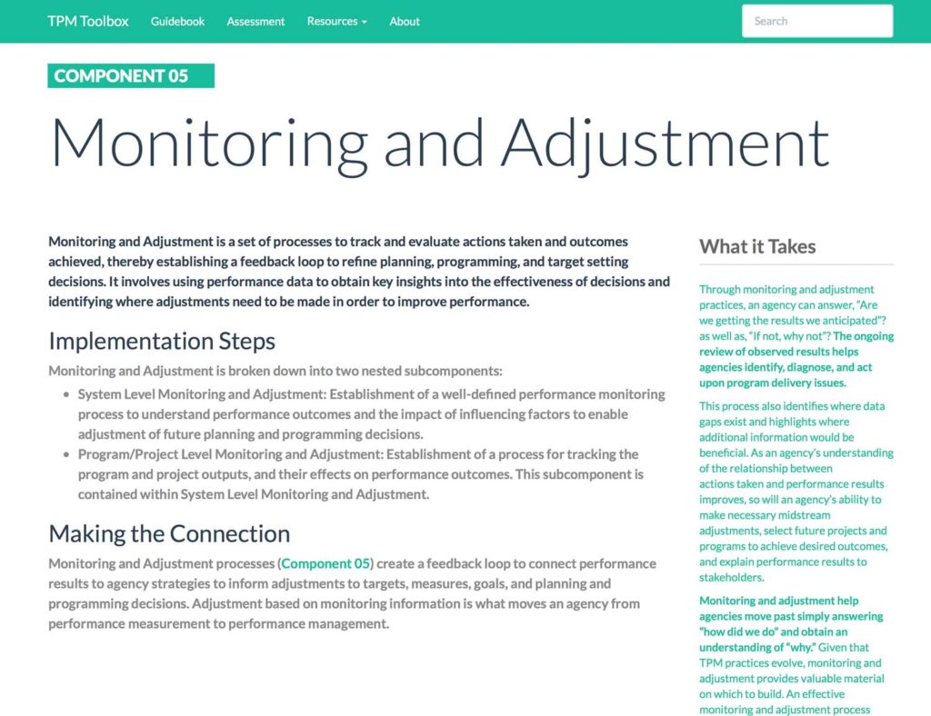 Thumbnail image of Component 05 Summary webpage. Monitoring and Adjustment is a set of processes to track and evaluate actions taken and outcomes achieved, thereby establishing a feedback loop to refine planning, programming, and target setting decisions.