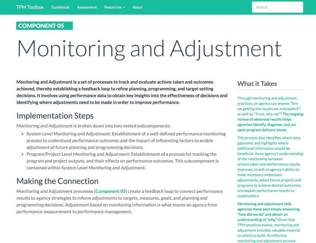 Thumbnail image of Component 05 Summary webpage. Monitoring and Adjustment is a set of processes to track and evaluate actions taken and outcomes achieved, thereby establishing a feedback loop to refine planning, programming, and target setting decisions.