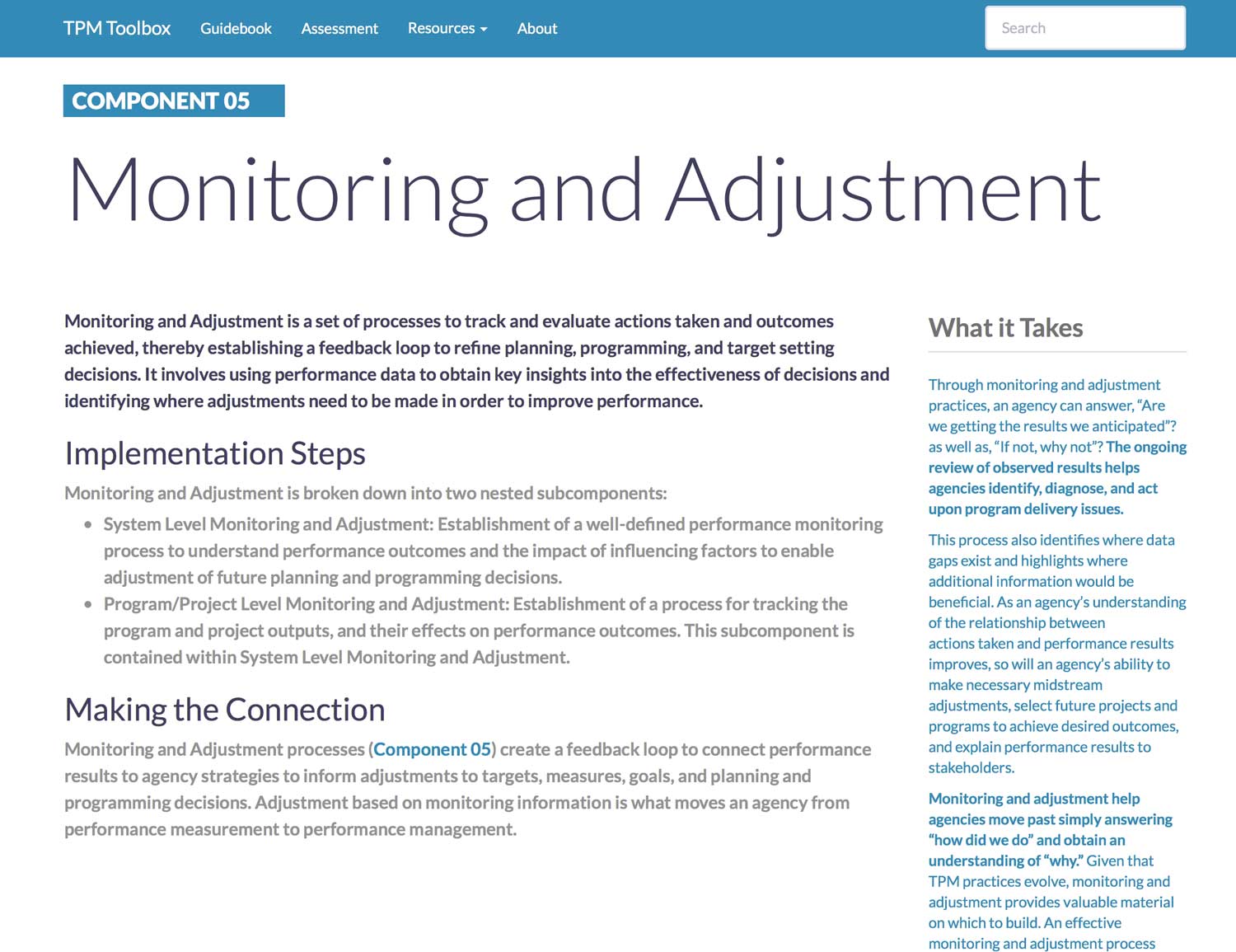 Thumbnail image of Component 05 Summary webpage. Monitoring and Adjustment is a set of processes to track and evaluate actions taken and outcomes achieved, thereby establishing a feedback loop to refine planning, programming, and target setting decisions.