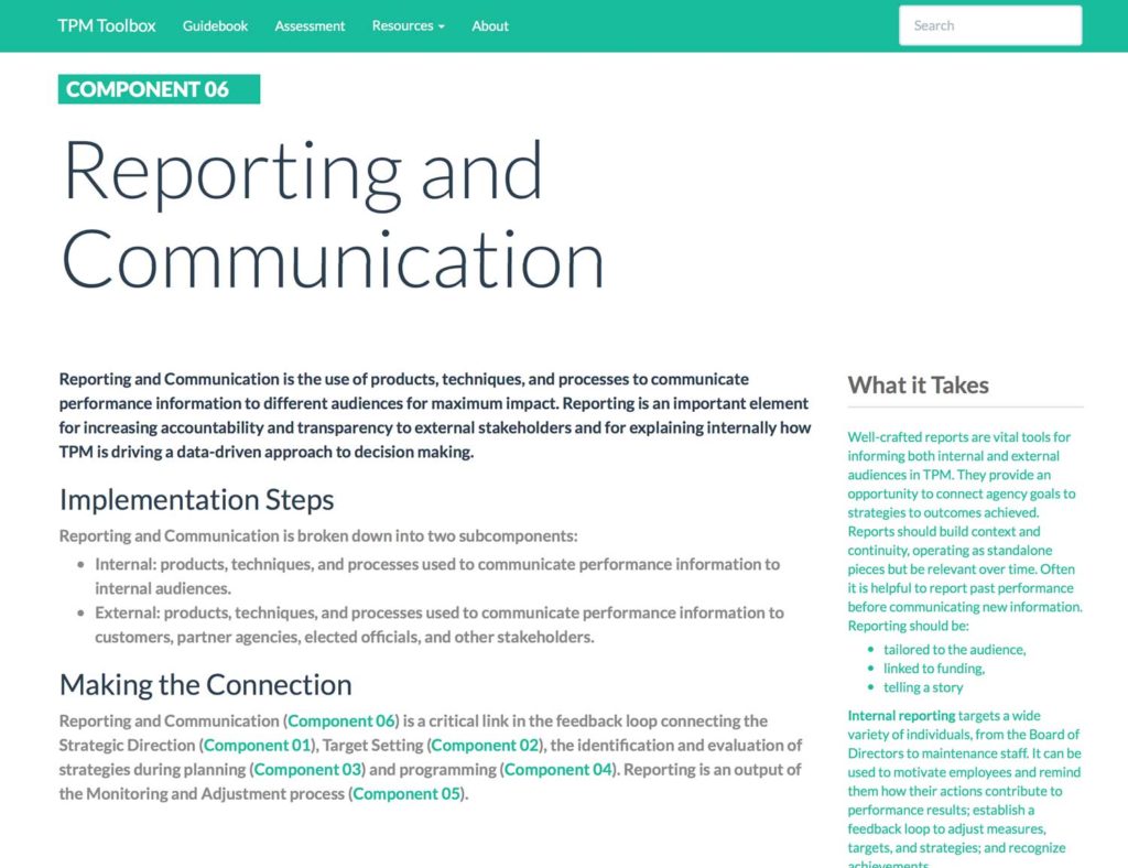Thumbnail image of Component 06 Summary webpage. Reporting and Communication is the use of products, techniques, and processes to communicate performance information to different audiences for maximum impact.