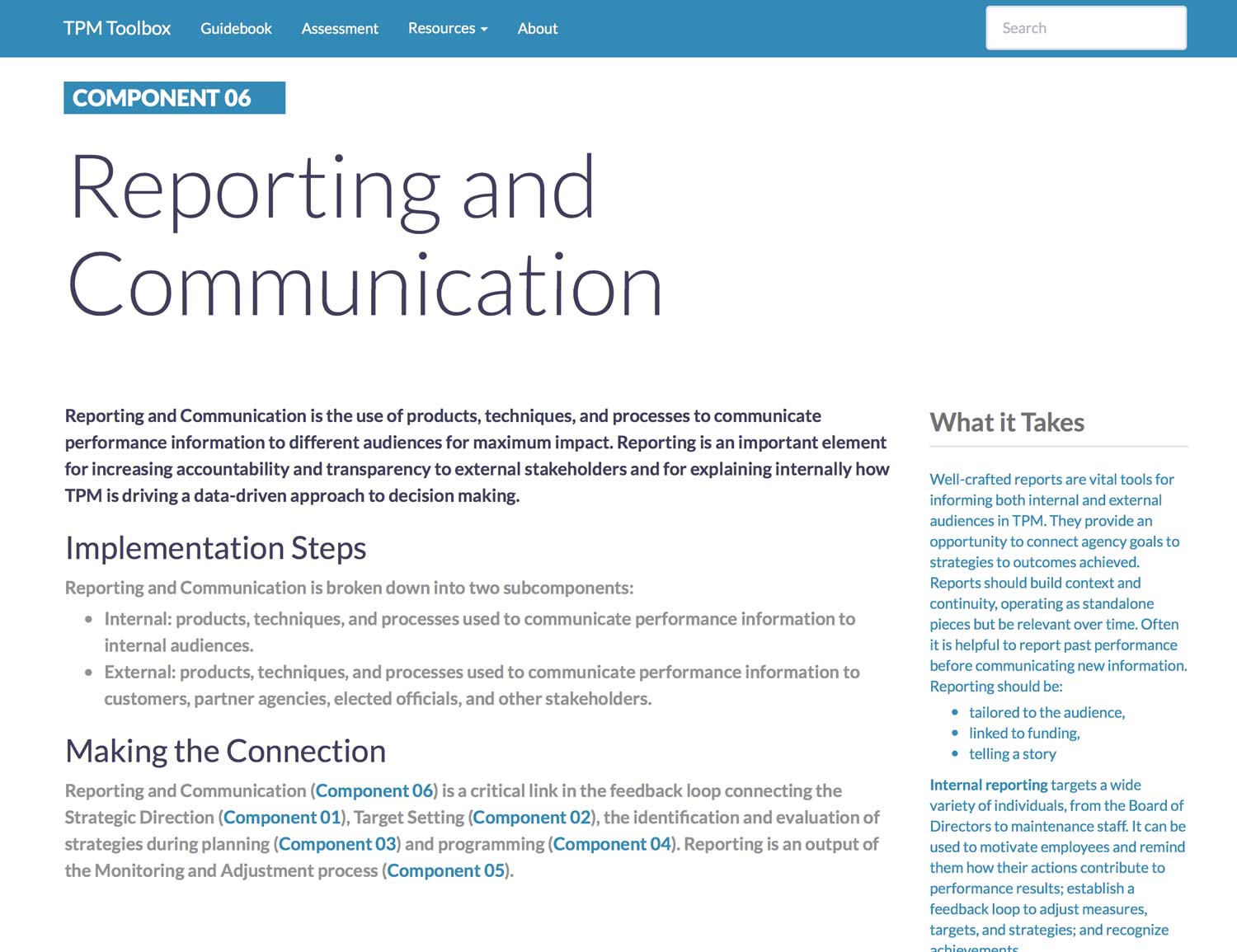 Thumbnail image of Component 06 Summary webpage. Reporting and Communication is the use of products, techniques, and processes to communicate performance information to different audiences for maximum impact.