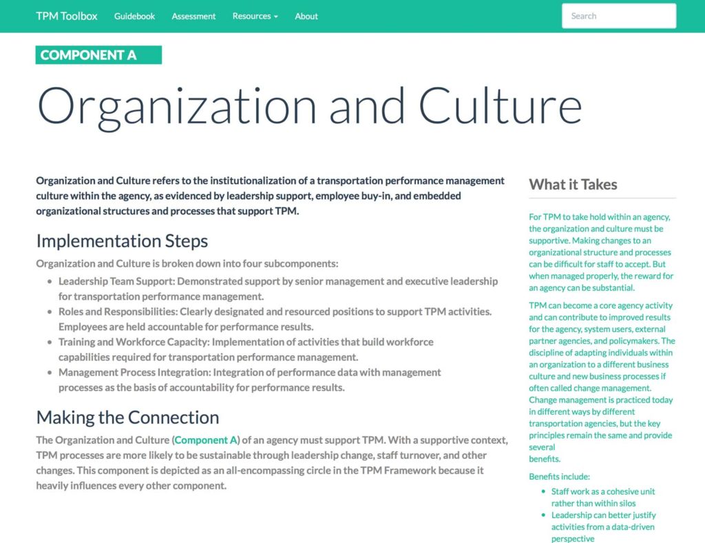 Thumbnail image of Component A Summary webpage. Organization and Culture refers to the institutionalization of a transportation performance management culture within the agency, as evidenced by leadership support, employee buy-in, and embedded organizational structures and processes that support TPM.