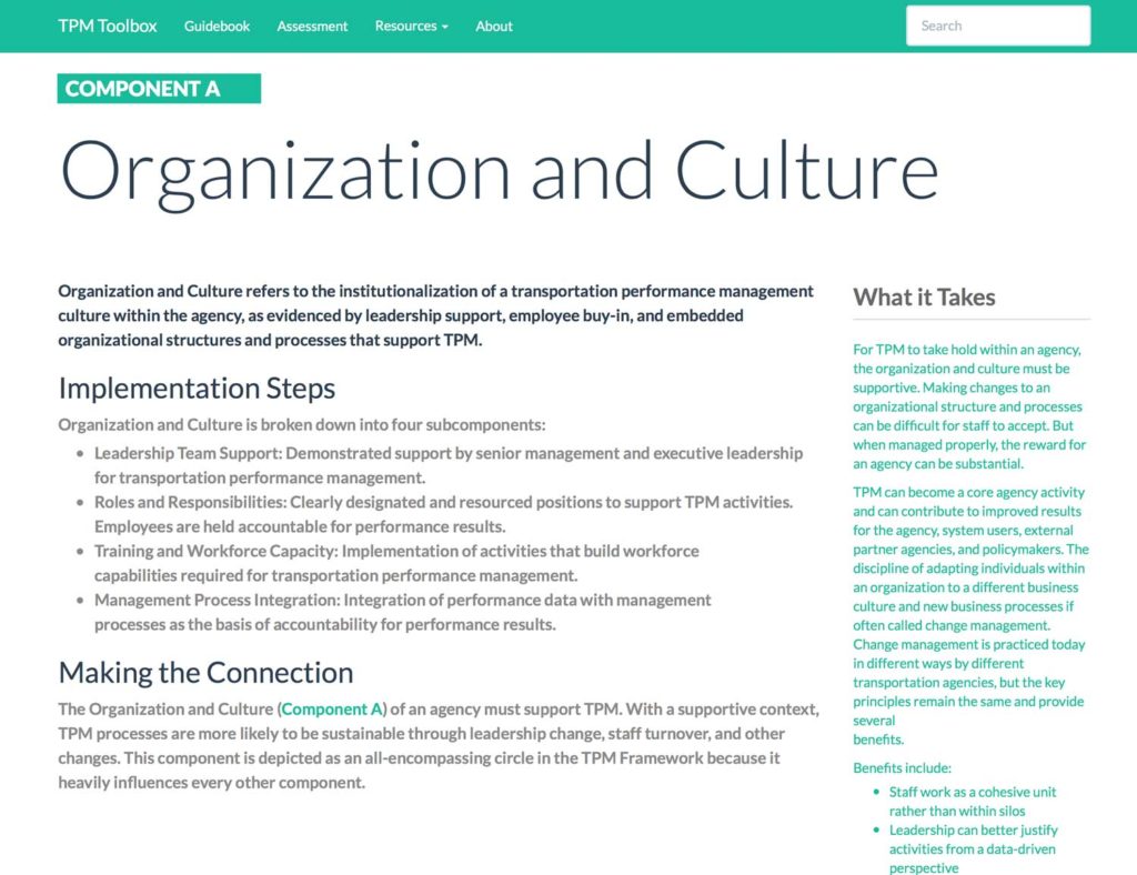 Thumbnail image of Component A Summary webpage. Organization and Culture refers to the institutionalization of a transportation performance management culture within the agency, as evidenced by leadership support, employee buy-in, and embedded organizational structures and processes that support TPM.