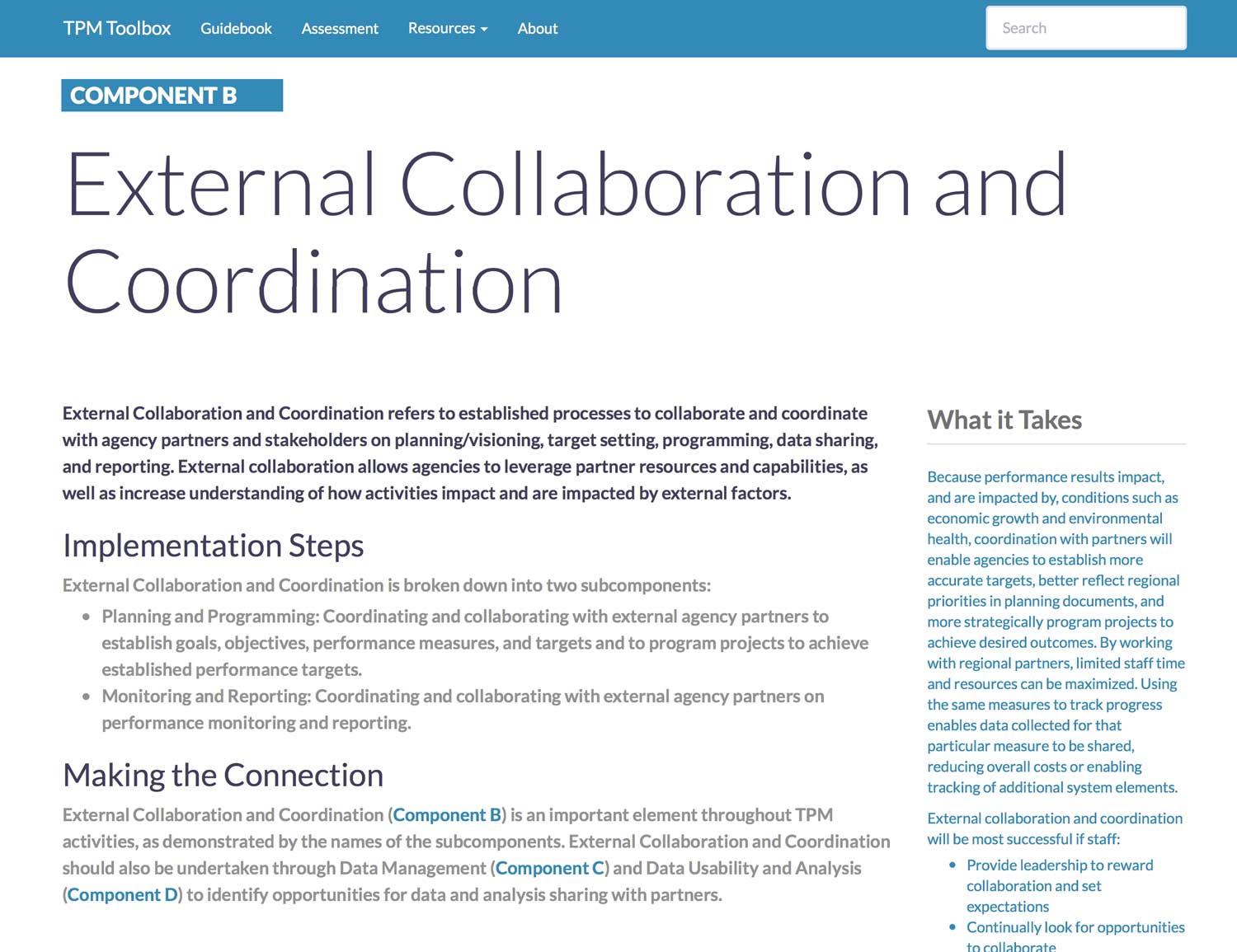 Thumbnail image of Component B Summary webpage. External Collaboration and Coordination refers to established processes to collaborate and coordinate with agency partners and stakeholders on planning/visioning, target setting, programming, data sharing, and reporting.