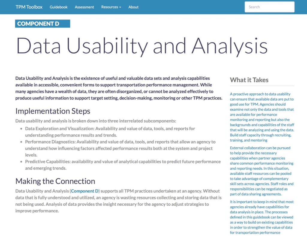 Thumbnail image of Component D Summary webpage. Data Usability and Analysis is the existence of useful and valuable data sets and analysis capabilities available in accessible, convenient forms to support transportation performance management.